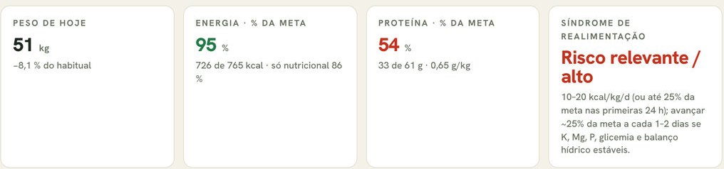 Quatro cartões da ficha do dia num caso fictício: peso de hoje com a variação frente ao habitual, energia e proteína frente à meta, e a classificação do risco de síndrome de realimentação.